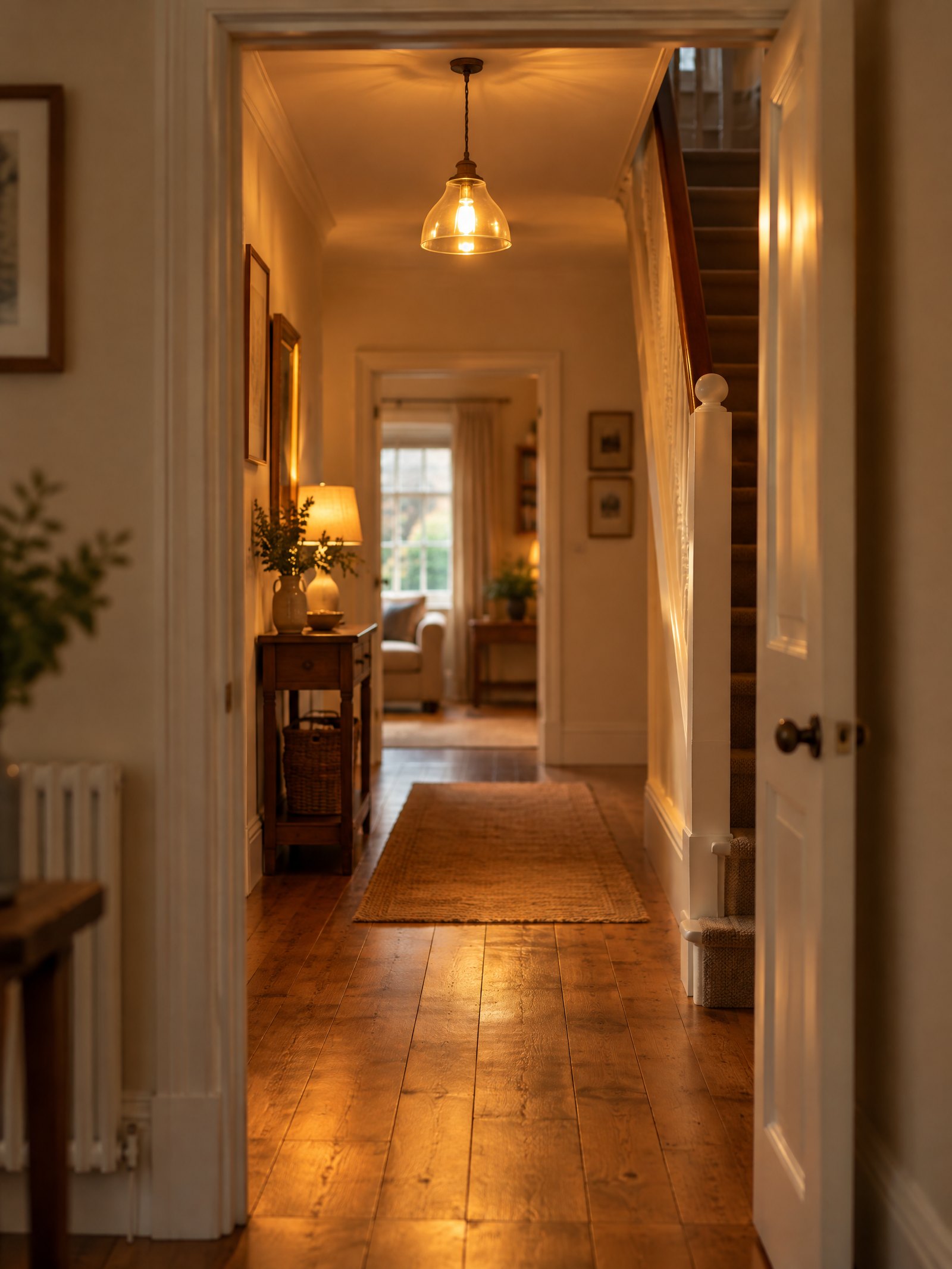Warm lit hallway revealed behind a locked front door once the deadlock is released
