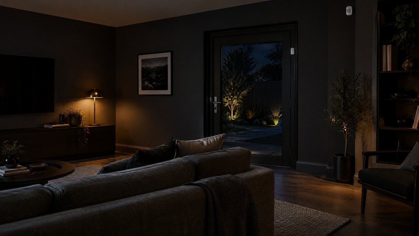 Contemporary living room at night protected by an IQ wireless security system