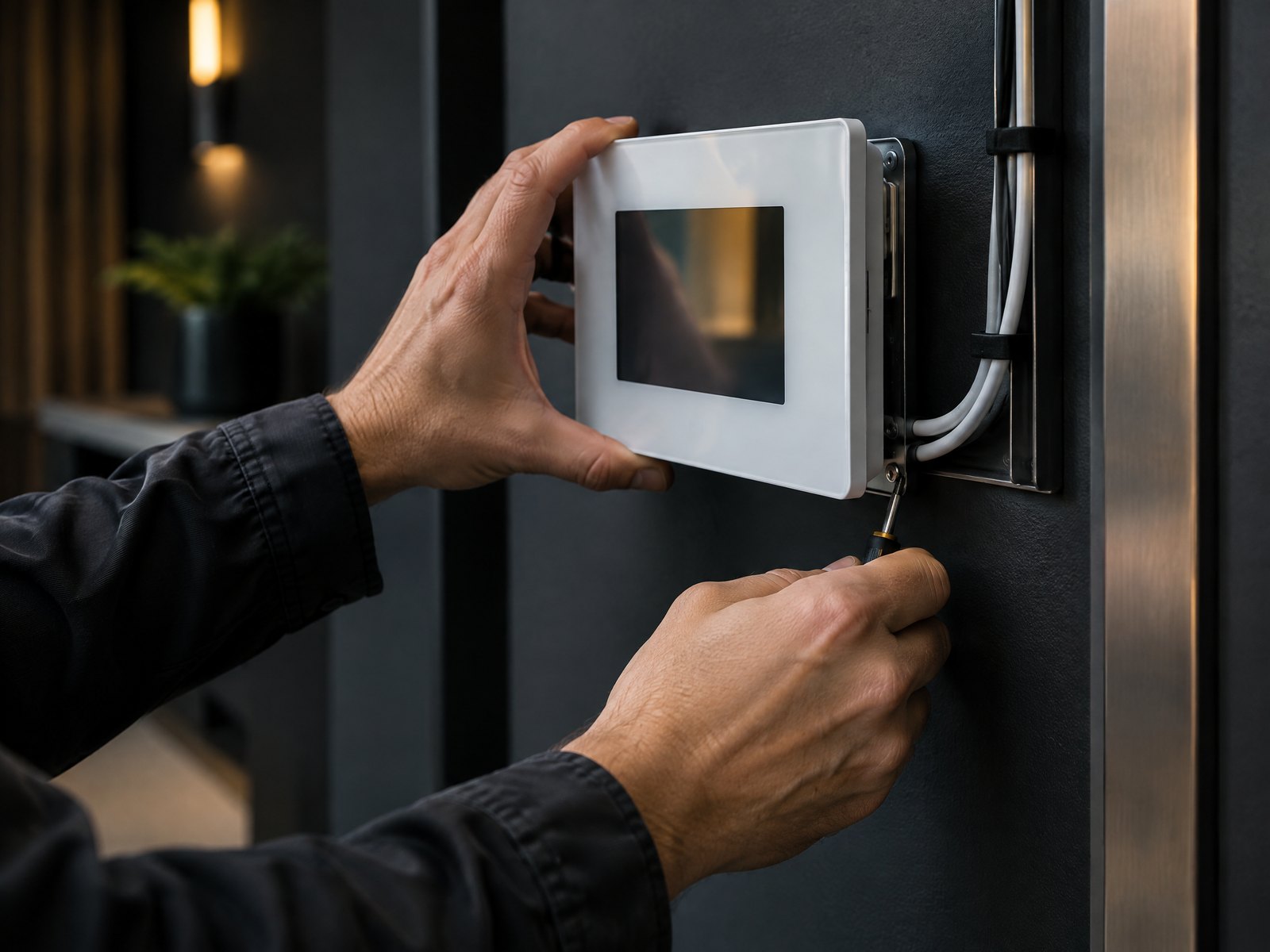 Security engineer mounting an IQ touchscreen alarm panel on a dark wall