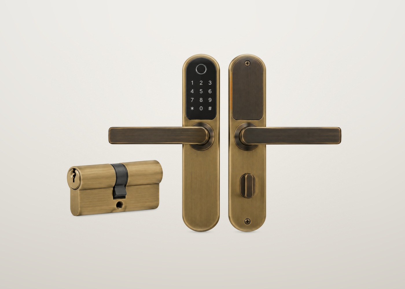 Brass smart door lock with keypad handle and Euro profile cylinder